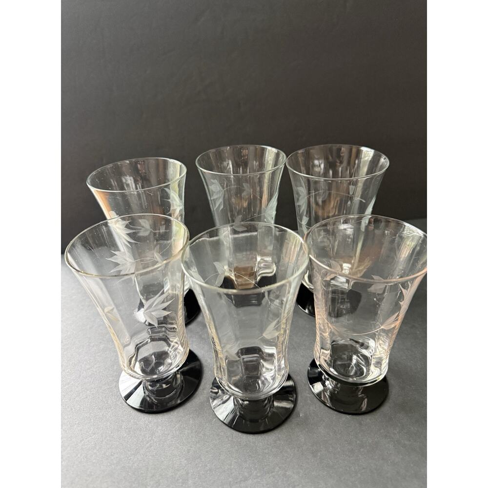 Vtg Weston Etched Black Base Sherbet Water Glasses Clear Glass Set 6 MCM Barware